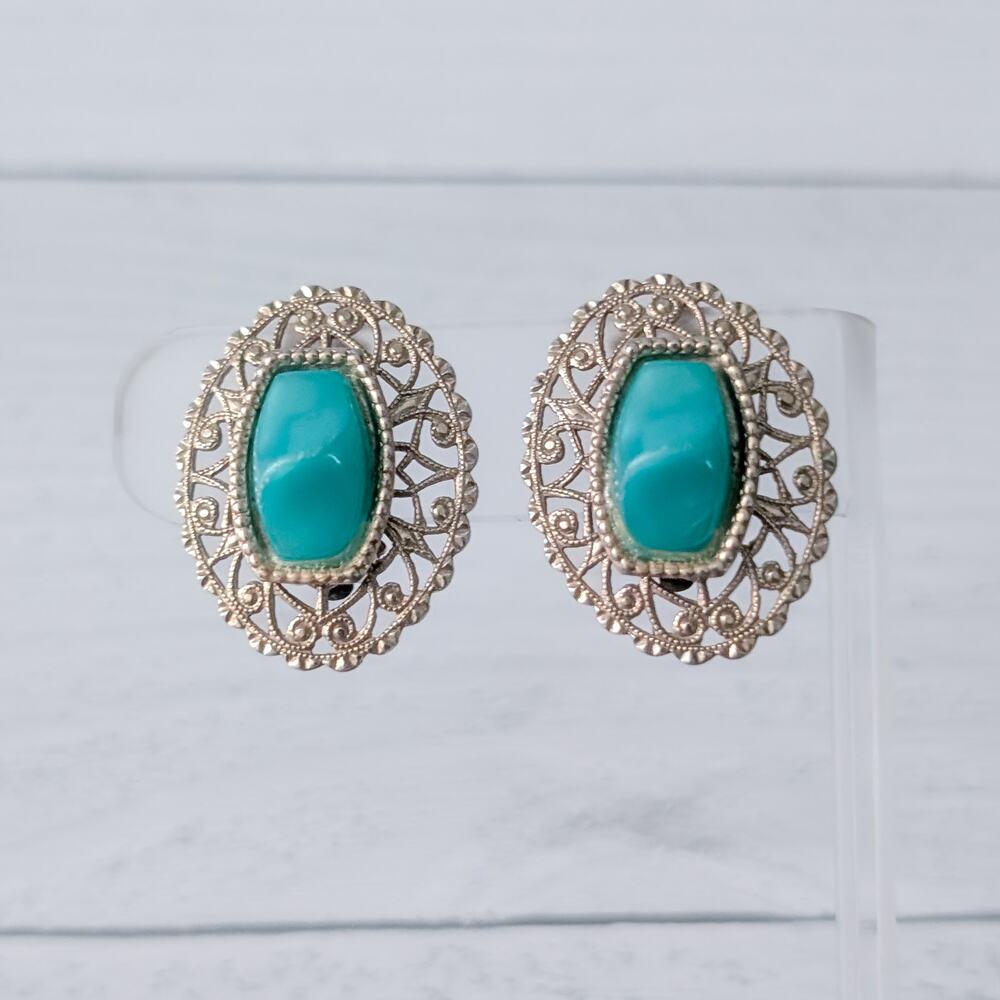 Vintage Clip On Earrings Large Ornate Gold Tone with Green Center